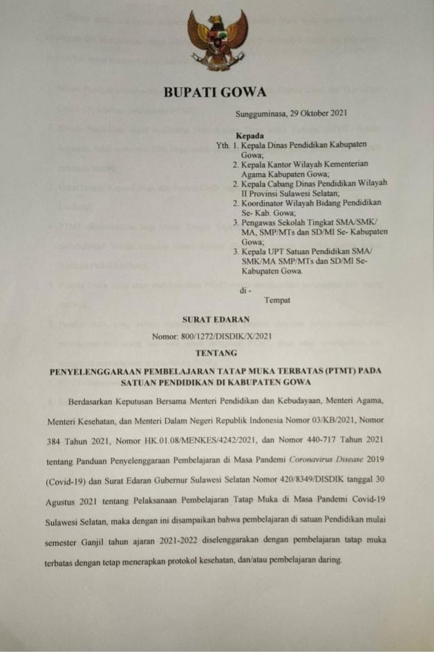 Pemkab Gowa Mulai Terapkan Pembelajaran Tatap Muka Terbatas